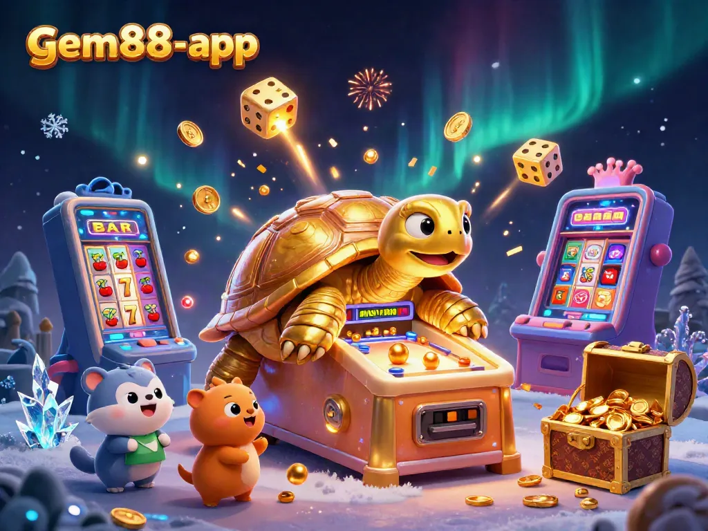 Experience the excitement of gem88-app with a colorful casino scene featuring thrilling slot machines and characters.