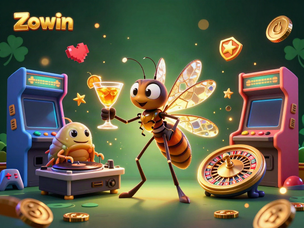 Experience Zowin’s thrilling atmosphere with a lively illustration showcasing casino-themed characters and vibrant game elements.