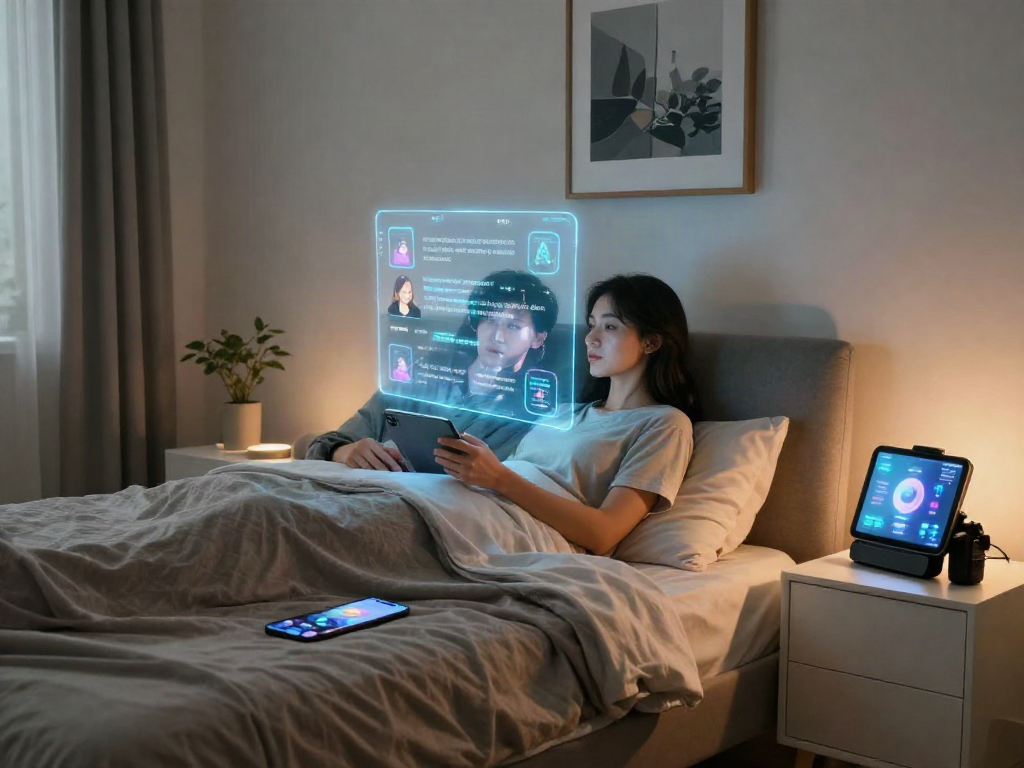 Couple enjoying intimate AI sex moments with holographic displays in modern bedroom.