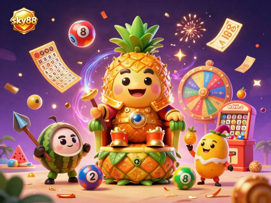 Engage in thrilling games at sky88 with a 3D casino illustration featuring lively characters and dynamic casino elements.