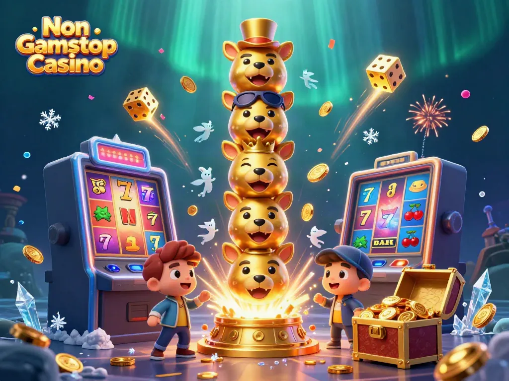 Experience the vibrant energy of Non Gamstop Casino with a colorful 3D illustration showcasing immersive gaming elements.