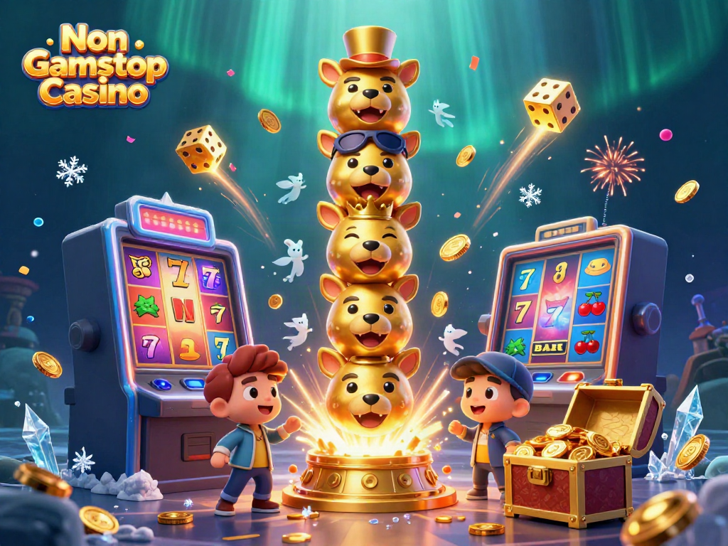 Experience the vibrant energy of Non Gamstop Casino with a colorful 3D illustration showcasing immersive gaming elements.