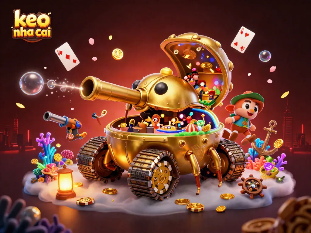 Engaging keo nha cai illustration featuring a golden beetle tank revealing a miniature casino, surrounded by vibrant gambling elements.