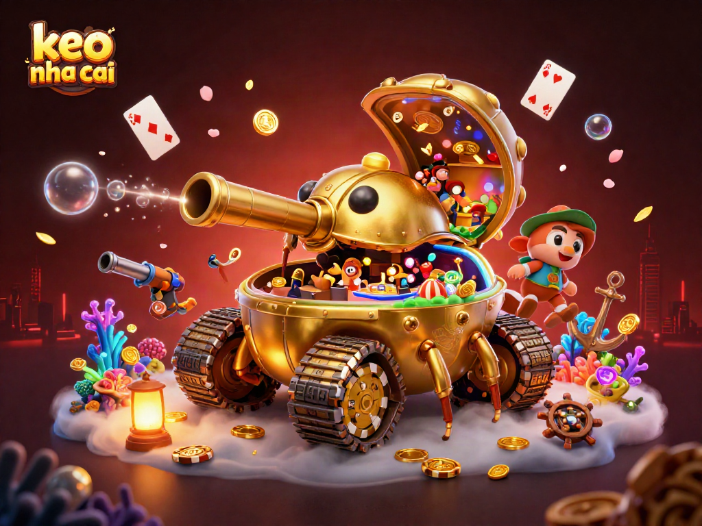 Engaging keo nha cai illustration featuring a golden beetle tank revealing a miniature casino, surrounded by vibrant gambling elements.