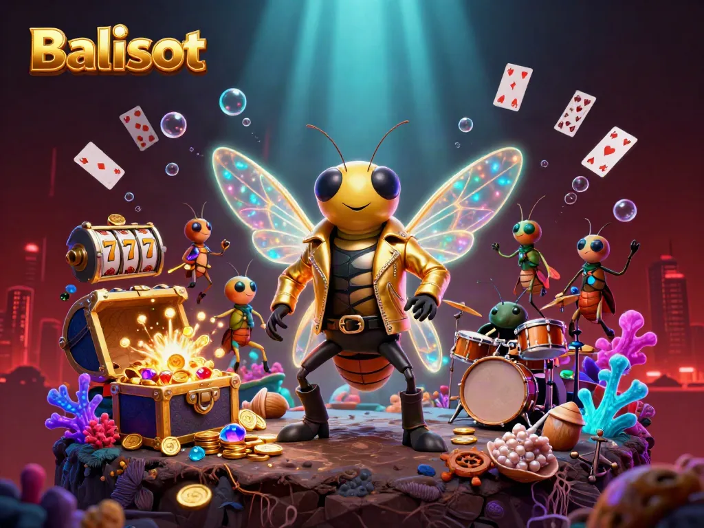 Balislot cartoon rock star with glittering gems and slot reels in a vibrant online casino scene.