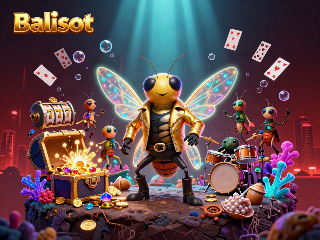 Balislot cartoon rock star with glittering gems and slot reels in a vibrant online casino scene.