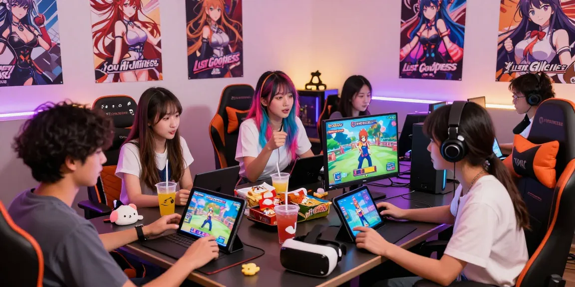 Group enjoying html ecchi games in a vibrant gaming lounge with mobile devices and snacks.