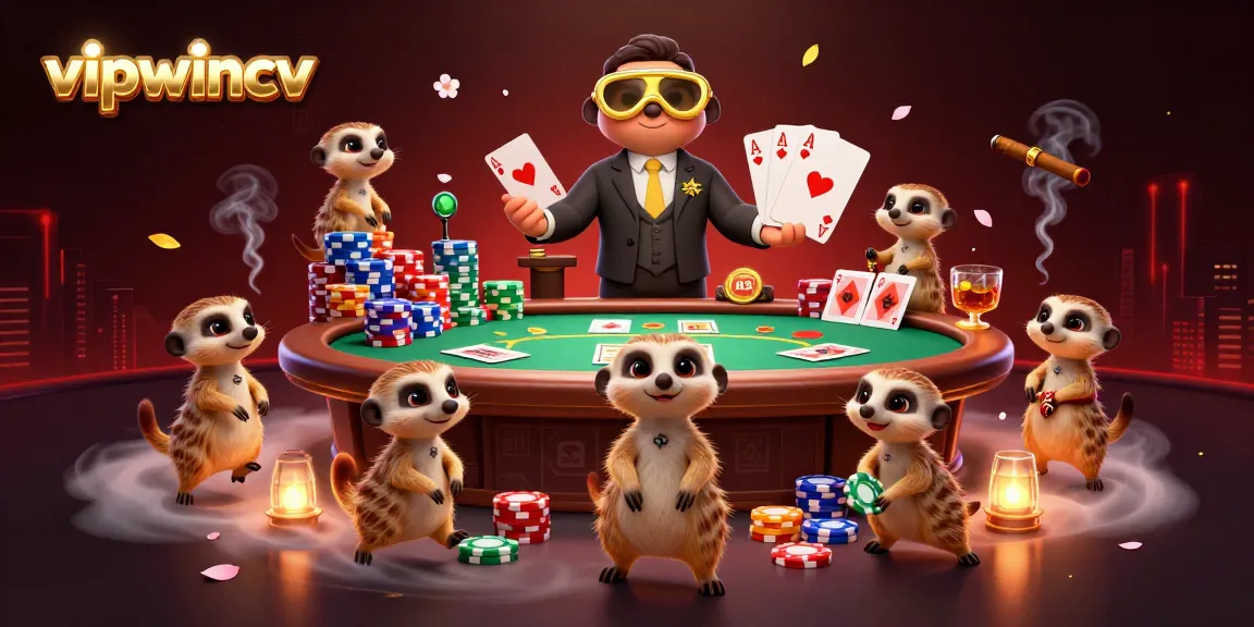 Experience the excitement at vipwincv where meerkats operate a lively casino, showcasing poker games.