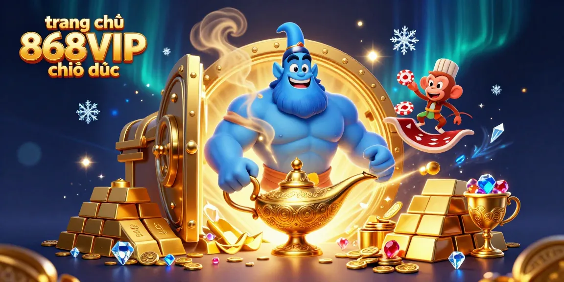 This vibrant scene captures the essence of trang chủ 868VIP chính thức, featuring a genie and a magical carpet amidst treasures and casino elements.