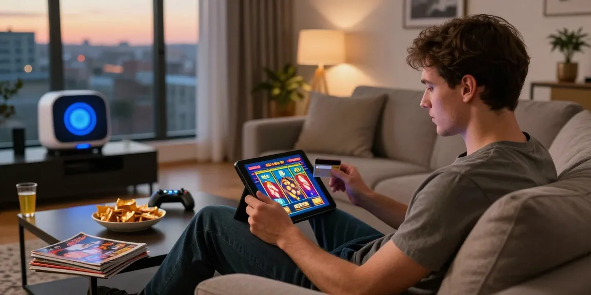 Exciting online gaming moment at brcs.co.uk with player enjoying credit card casino games in a cozy living room.