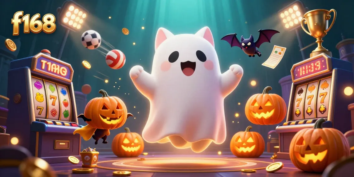 Experience thrilling gaming at f168 with a ghost cat, vampire bat, and festive poker-themed jack-o-lanterns.